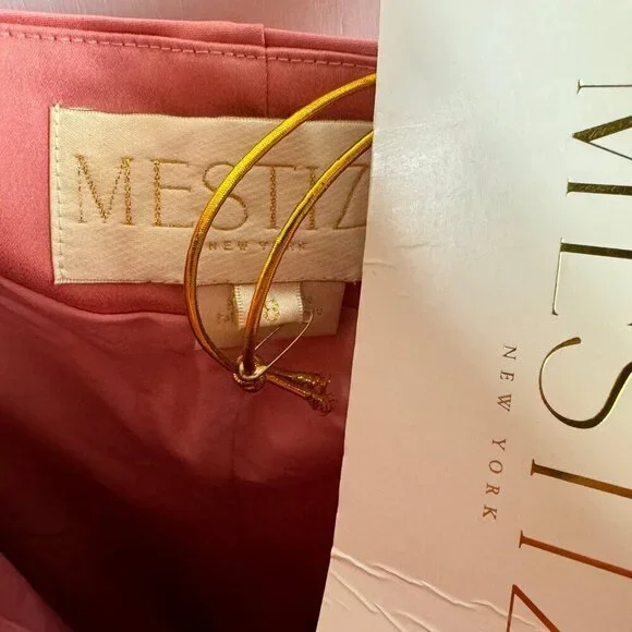 Mestiza New York Pink Satin Floral Appliqué Ruffle Gown Size 8